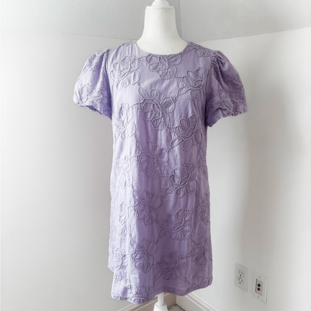 J Crew Dress Size  8 Lavender Embroidered Floral Puff- Sleeve Mini Dresser